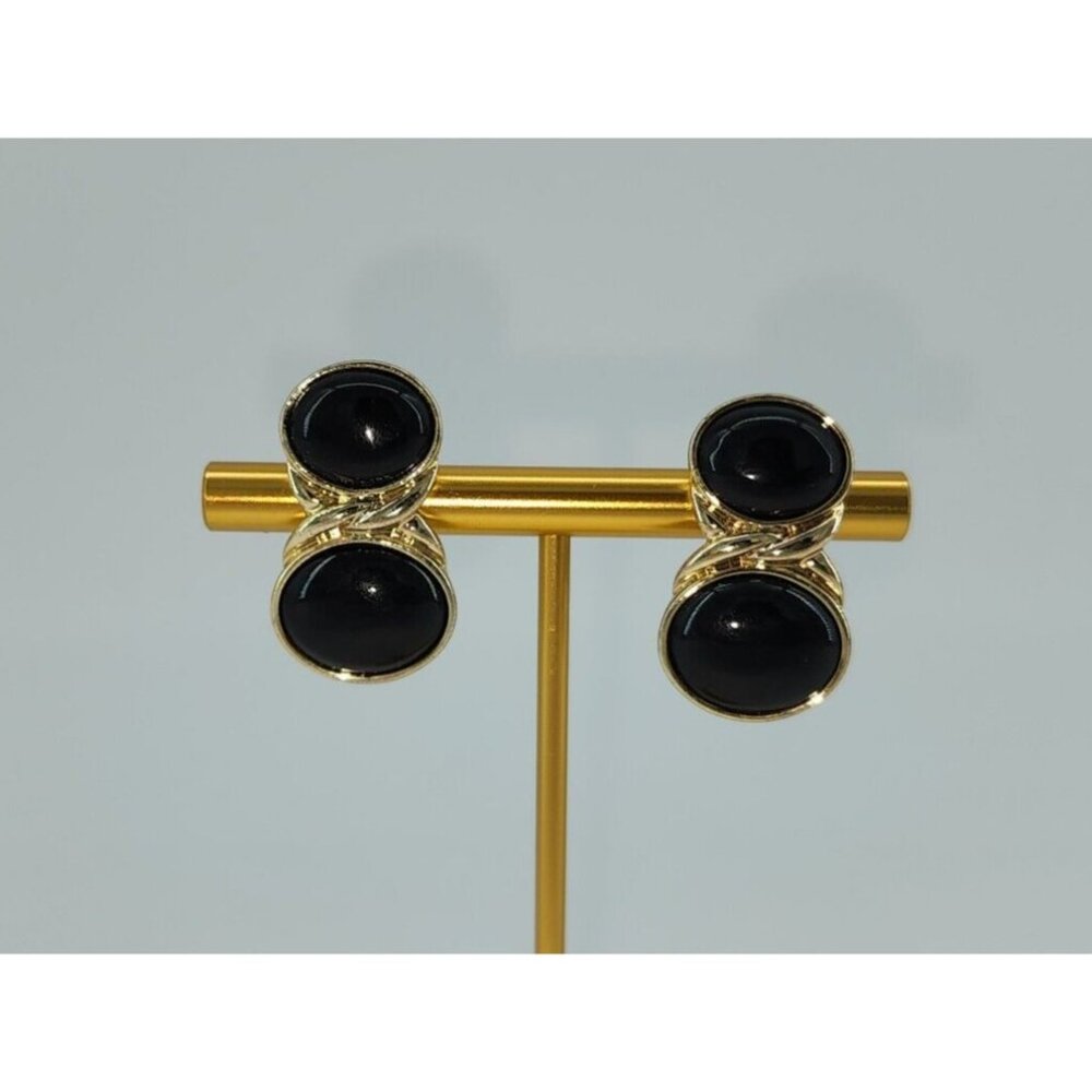 Vtg NAPIER Clip On Earrings‎ Gold Tone Twist Design Double Black Glossy Stones